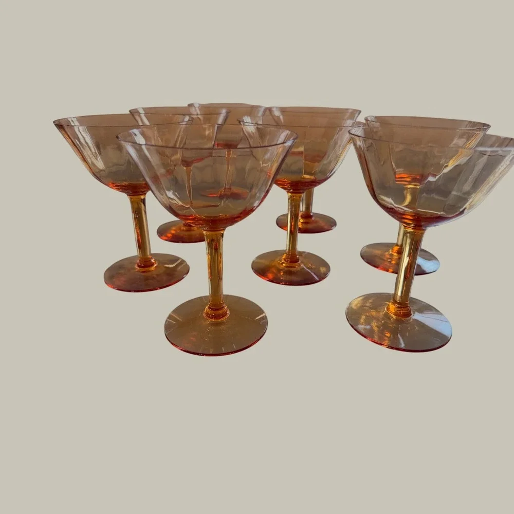 Vintage Amber Glass Champagne Coupes Optic Rib Martini Glasses Set of 8 Decor